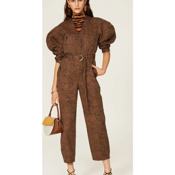 ULLA JOHNSON Ezra Jumpsuit 100% cotton animal print brown balloon sleeves size 6 - Picture 1 of 11